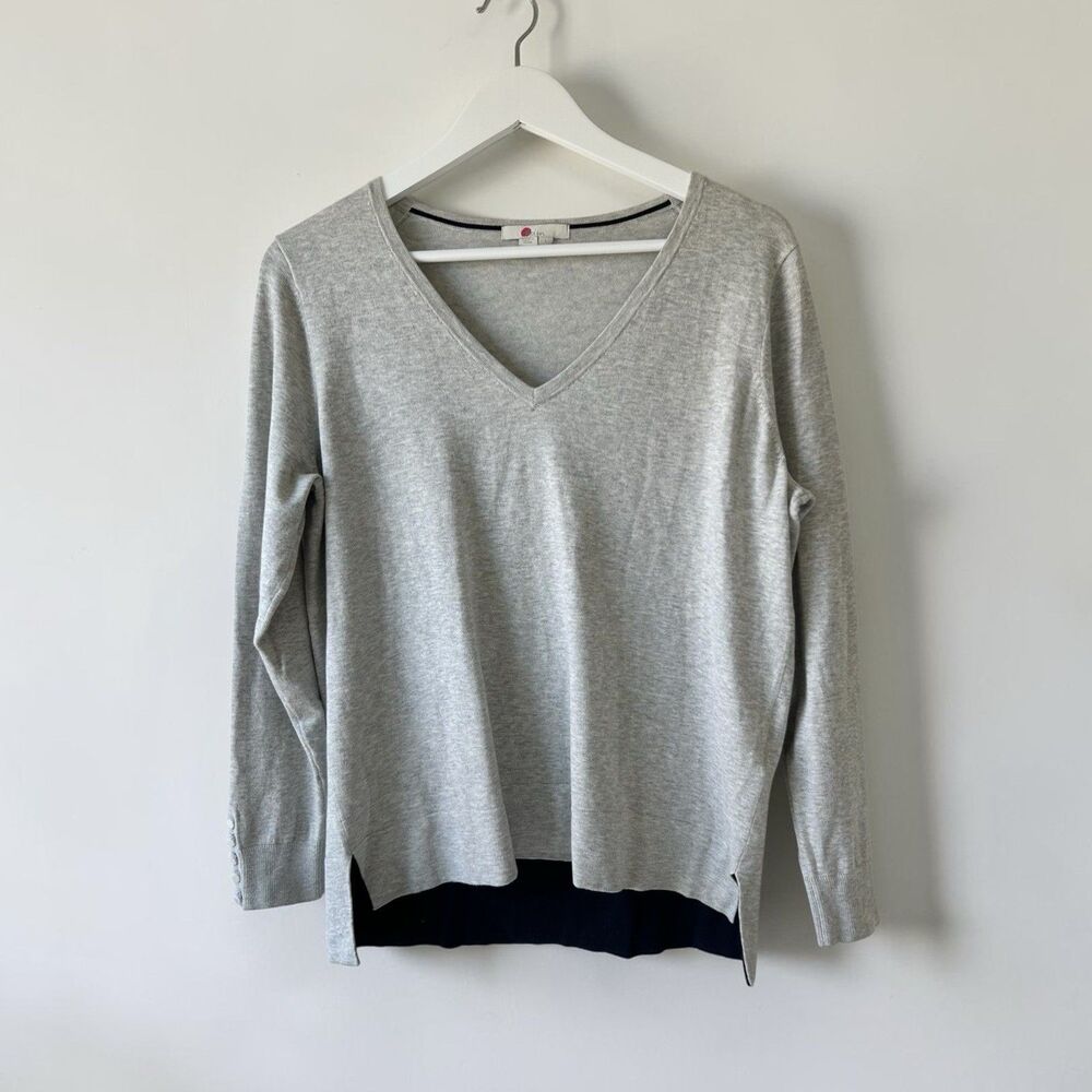 Boden V-Neck Sweater Gray Cotton Blend Jumper Size Large Stretch Preppy Soft